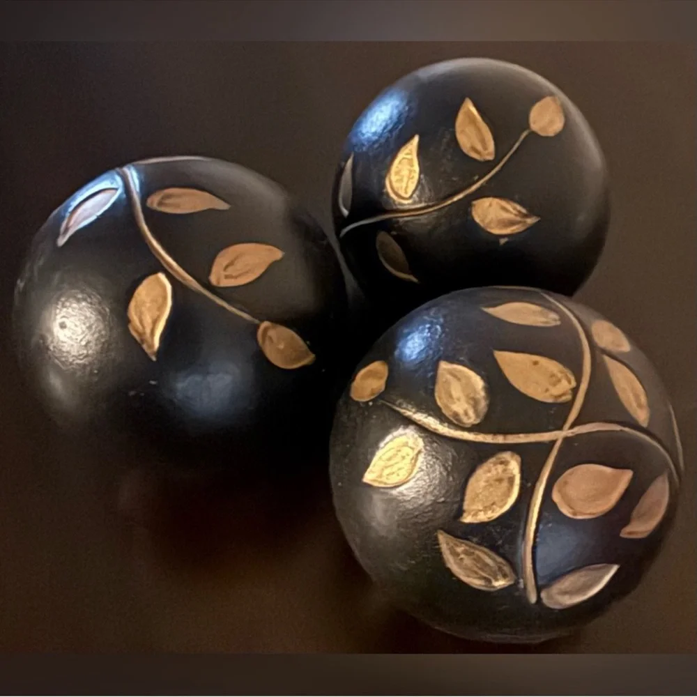 Pier 1 Earthy Black & Tan Decorative Orbs Set (3) | 3” Spheres | Modern Wood